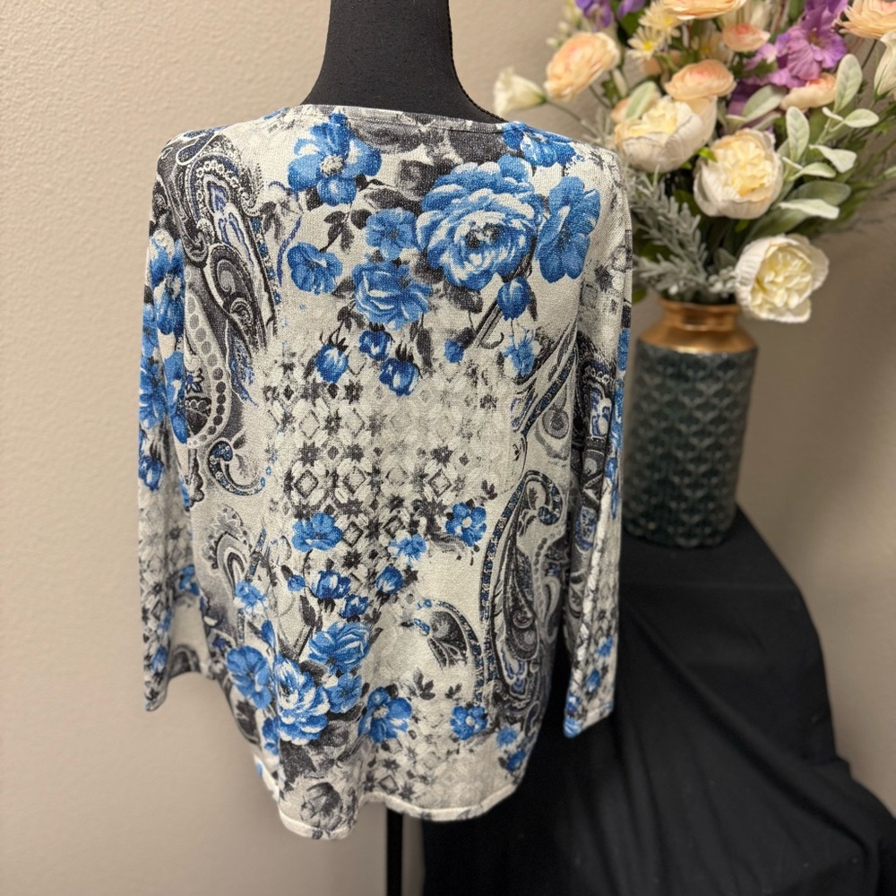 Alfred Dunner Blue Floral Metallic Knit Sweater Top | Size L - Picture 3 of 7